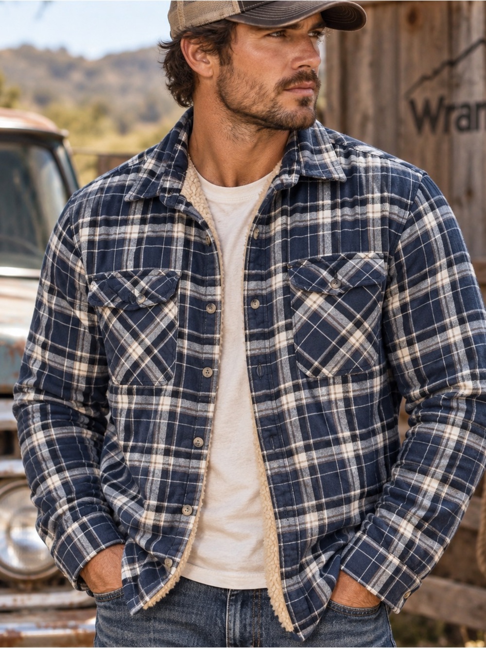 Wrangler Men's Sherpa Lined Flannel Shirt Jacket Blue Plaid Size Small